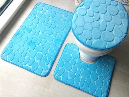 1 Set Three-Piece Set Flannel Anti-Slip Kitchen Bath Toilet Rug Mat Washable Carpet(Blue Cobblestone) Online now