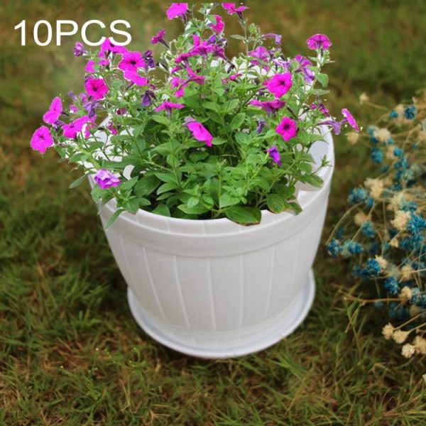 10 PCS Imitation Wooden Barrel Plastic Resin Flower Pot with Tray, Top Diameter: 9cm, Height: 6.5cm(White) Cheap